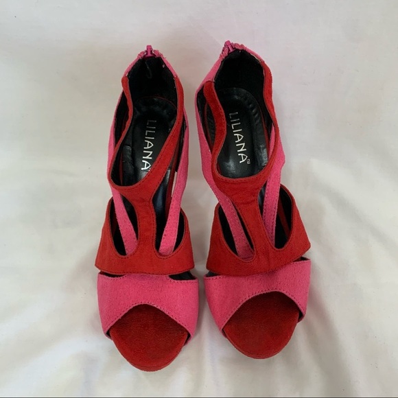 Liliana Red suede red pink straps hidden platform heel sandals duo tone peep toe - Picture 14 of 16